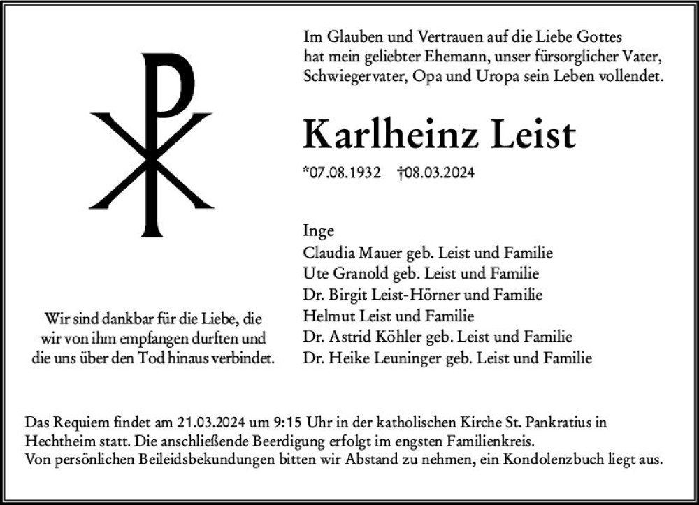  Traueranzeige für Karlheinz Leist vom 16.03.2024 aus Allgemeine Zeitung Mainz