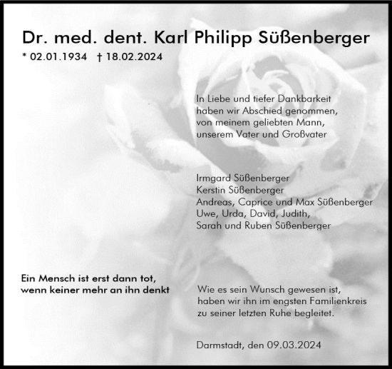Traueranzeige von Karl Philipp Süßenberger von Darmstädter Echo