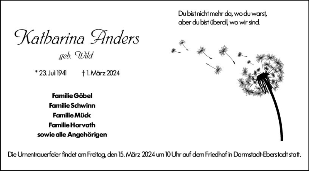  Traueranzeige für Katharina Anders vom 09.03.2024 aus Darmstädter Echo
