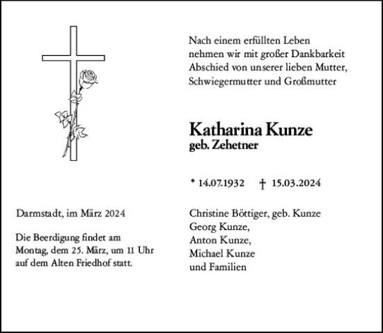 Traueranzeige von Katharina Kunze von Darmstädter Echo