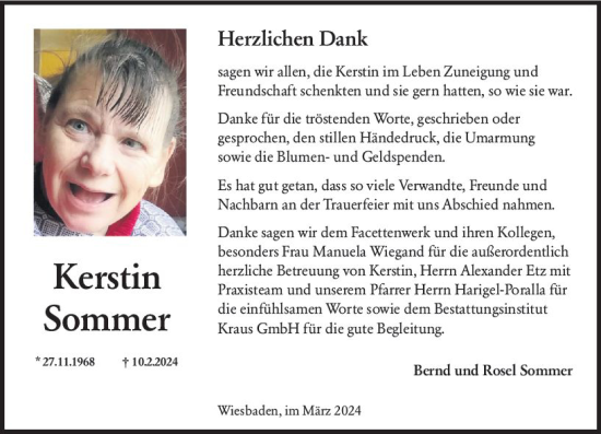 Traueranzeige von Kerstin Sommer von Wiesbadener Kurier