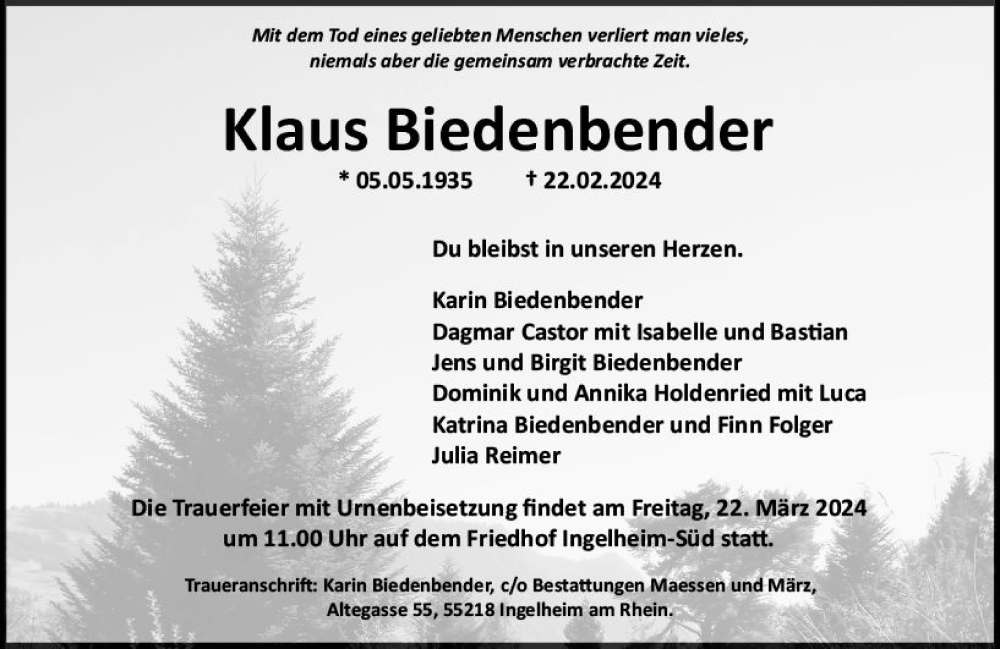  Traueranzeige für Klaus Biedenbender vom 16.03.2024 aus Allgemeine Zeitung Bingen/Ingelheim