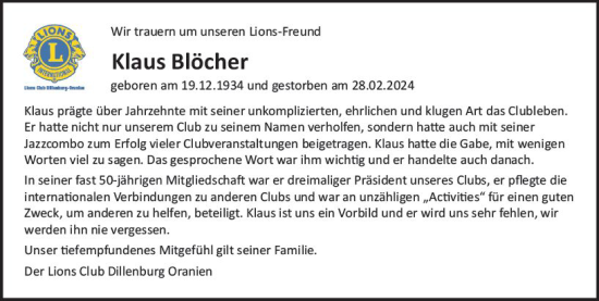 Traueranzeige von Klaus Blöcher von Dill Block
