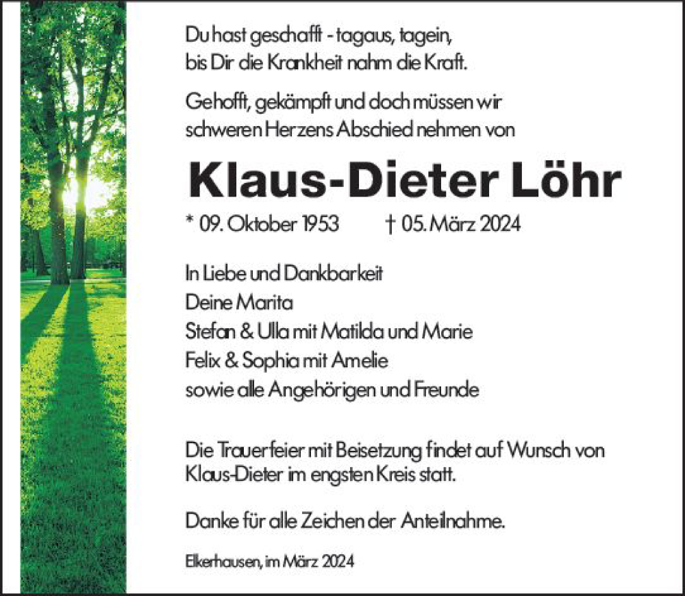  Traueranzeige für Klaus-Dieter Löhr vom 08.03.2024 aus Weilburger Tageblatt