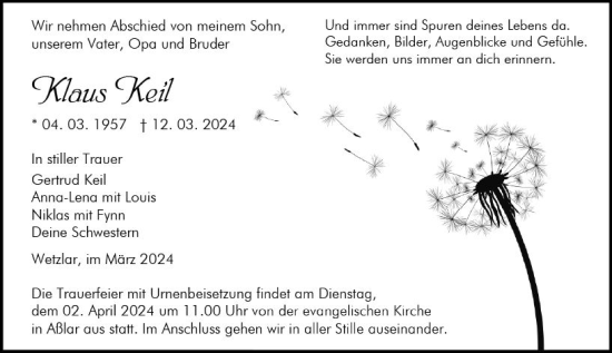 Traueranzeige von Klaus Keil von Wetzlarer Neue Zeitung
