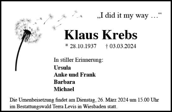 Traueranzeige von Klaus Krebs von Wiesbadener Kurier