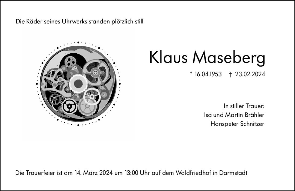  Traueranzeige für Klaus Maseberg vom 09.03.2024 aus Darmstädter Echo