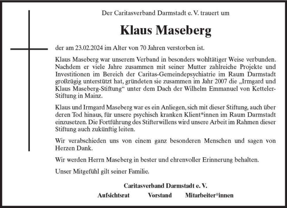  Traueranzeige für Klaus Maseberg vom 16.03.2024 aus Darmstädter Echo