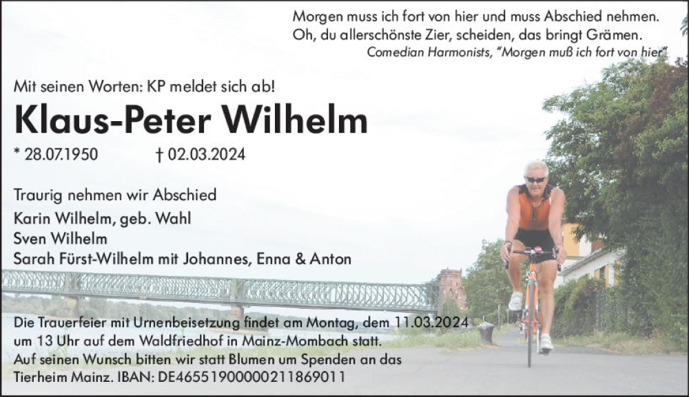 Traueranzeige für Klaus-Peter Wilhelm vom 07.03.2024 aus Allgemeine Zeitung Mainz