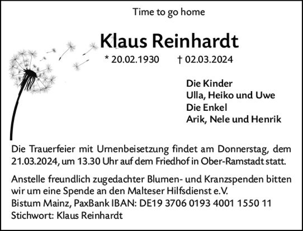  Traueranzeige für Klaus Reinhardt vom 09.03.2024 aus Darmstädter Echo