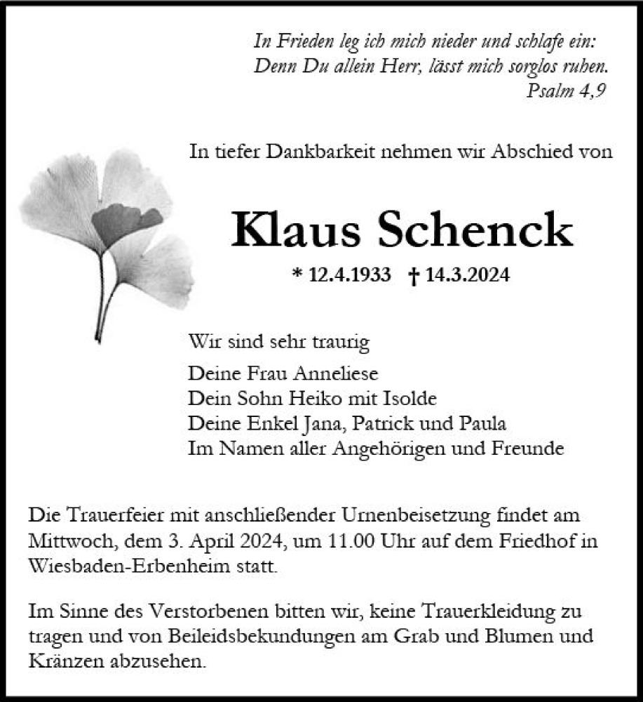  Traueranzeige für Klaus Schenck vom 23.03.2024 aus Wiesbadener Kurier
