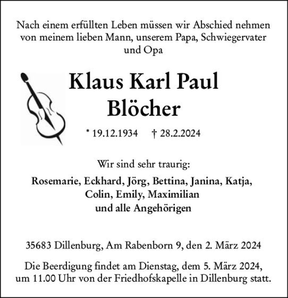  Traueranzeige für Klaus Karl Paul Blöcher vom 02.03.2024 aus Dill Block