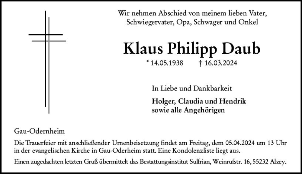  Traueranzeige für Klaus Philipp Daub vom 30.03.2024 aus Allgemeine Zeitung Alzey
