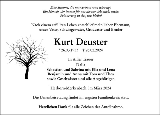 Traueranzeige von Kurt Deuster von Dill Block