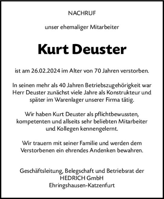 Traueranzeige von Kurt Deuster von Dill Block