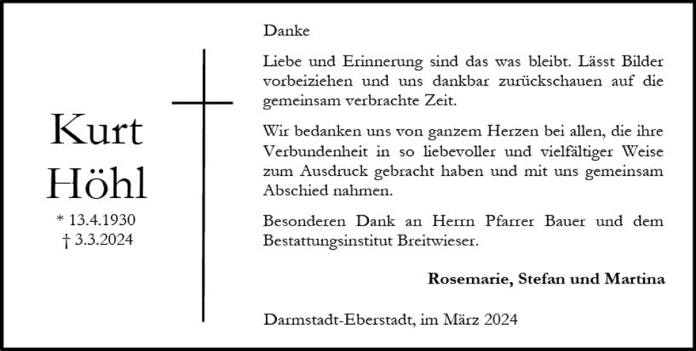  Traueranzeige für Kurt Höhl vom 30.03.2024 aus Darmstädter Echo