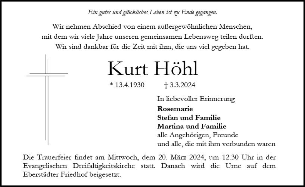  Traueranzeige für Kurt Höhl vom 09.03.2024 aus Darmstädter Echo