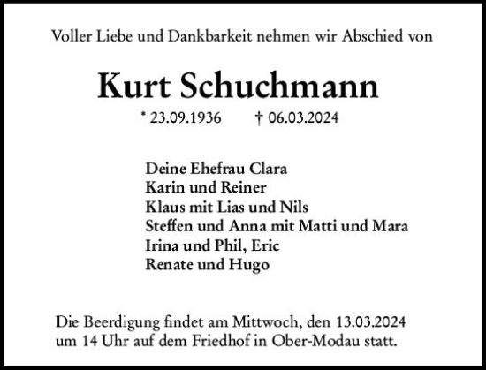 Traueranzeige von Kurt Schuchmann von Darmstädter Echo