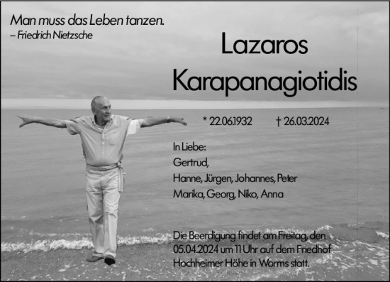 Traueranzeige von Lazaros Karapanagiotidis von Wormser Zeitung