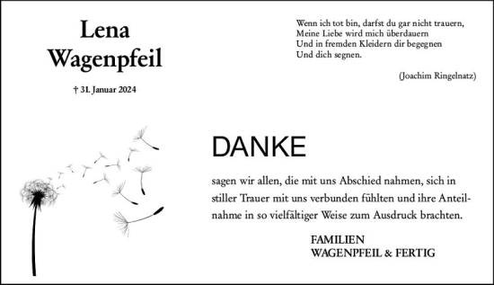 Traueranzeige von Lena Wagenpfeil von Wiesbadener Kurier