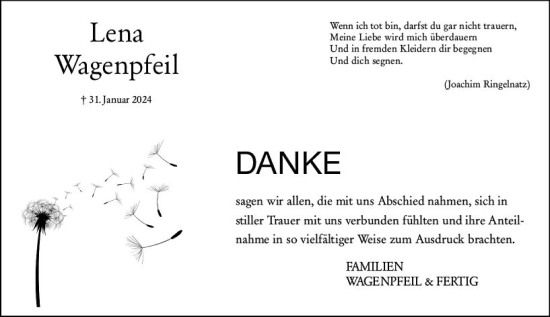 Traueranzeige von Lena Wagenpfeil von Wiesbadener Kurier