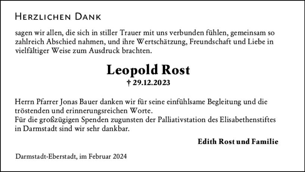  Traueranzeige für Leopold Rost vom 02.03.2024 aus Darmstädter Echo