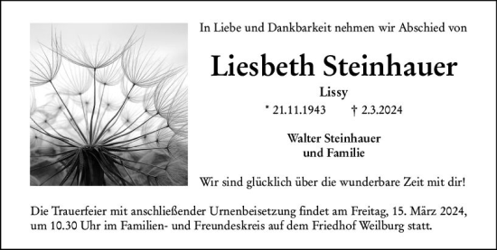Traueranzeige von Liesbeth Steinhauer von Weilburger Tageblatt