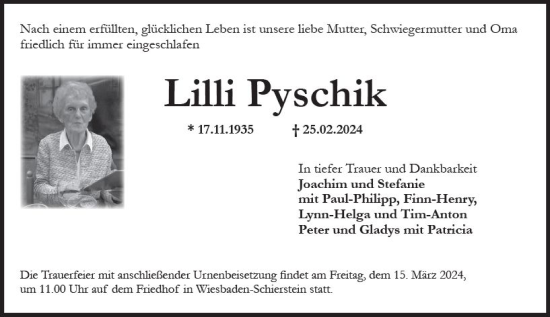 Traueranzeige von Lilli Pyschik von Wiesbadener Kurier