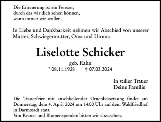 Traueranzeige von Liselotte Schicker von Darmstädter Echo