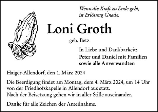 Traueranzeige von Loni Groth von Dill Block