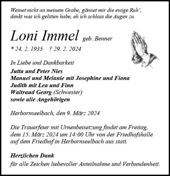 Traueranzeige von Loni Immel von Dill Block