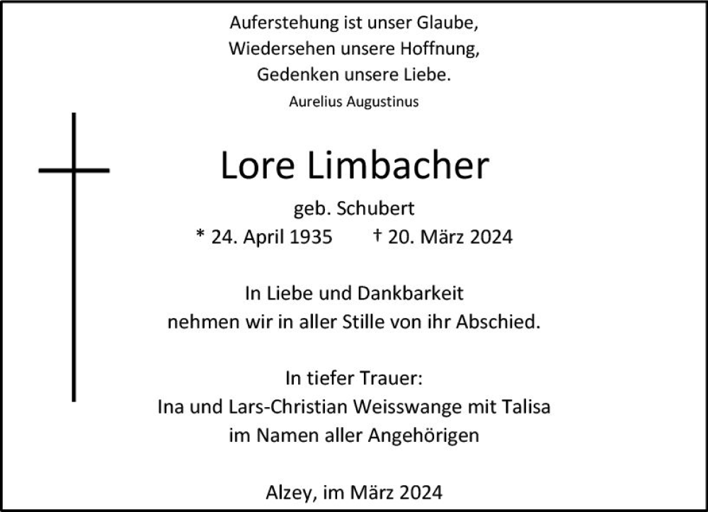  Traueranzeige für Lore Limbacher vom 30.03.2024 aus Allgemeine Zeitung Alzey