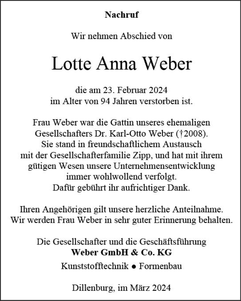  Traueranzeige für Lotte Anna Weber vom 08.03.2024 aus Dill Block