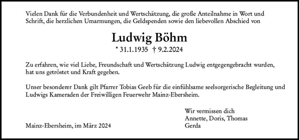  Traueranzeige für Ludwig Böhm vom 23.03.2024 aus Allgemeine Zeitung Alzey
