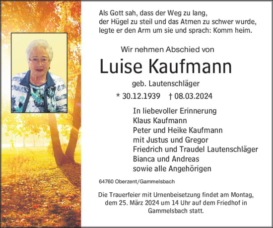 Traueranzeige von Luise Kaufmann von Odenwälder Echo