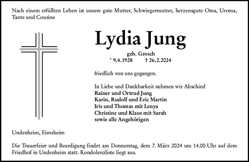  Traueranzeige für Lydia Jung vom 02.03.2024 aus Allgemeine Zeitung Mainz