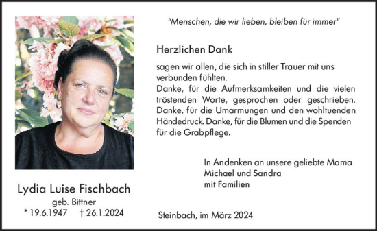 Traueranzeige von Lydia Luise Fischbach von Odenwälder Echo