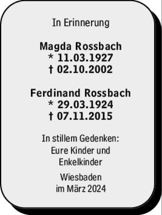 Traueranzeige von Magda Rossbach von Wiesbadener Kurier