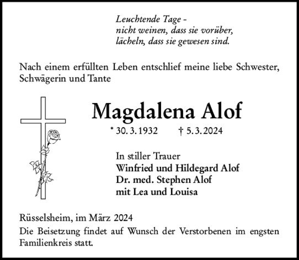  Traueranzeige für Magdalena Alof vom 09.03.2024 aus Rüsselsheimer Echo