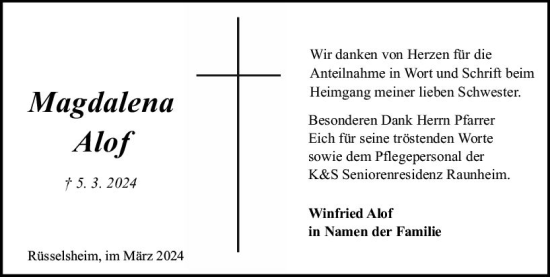 Traueranzeige von Magdalena Alof von Rüsselsheimer Echo