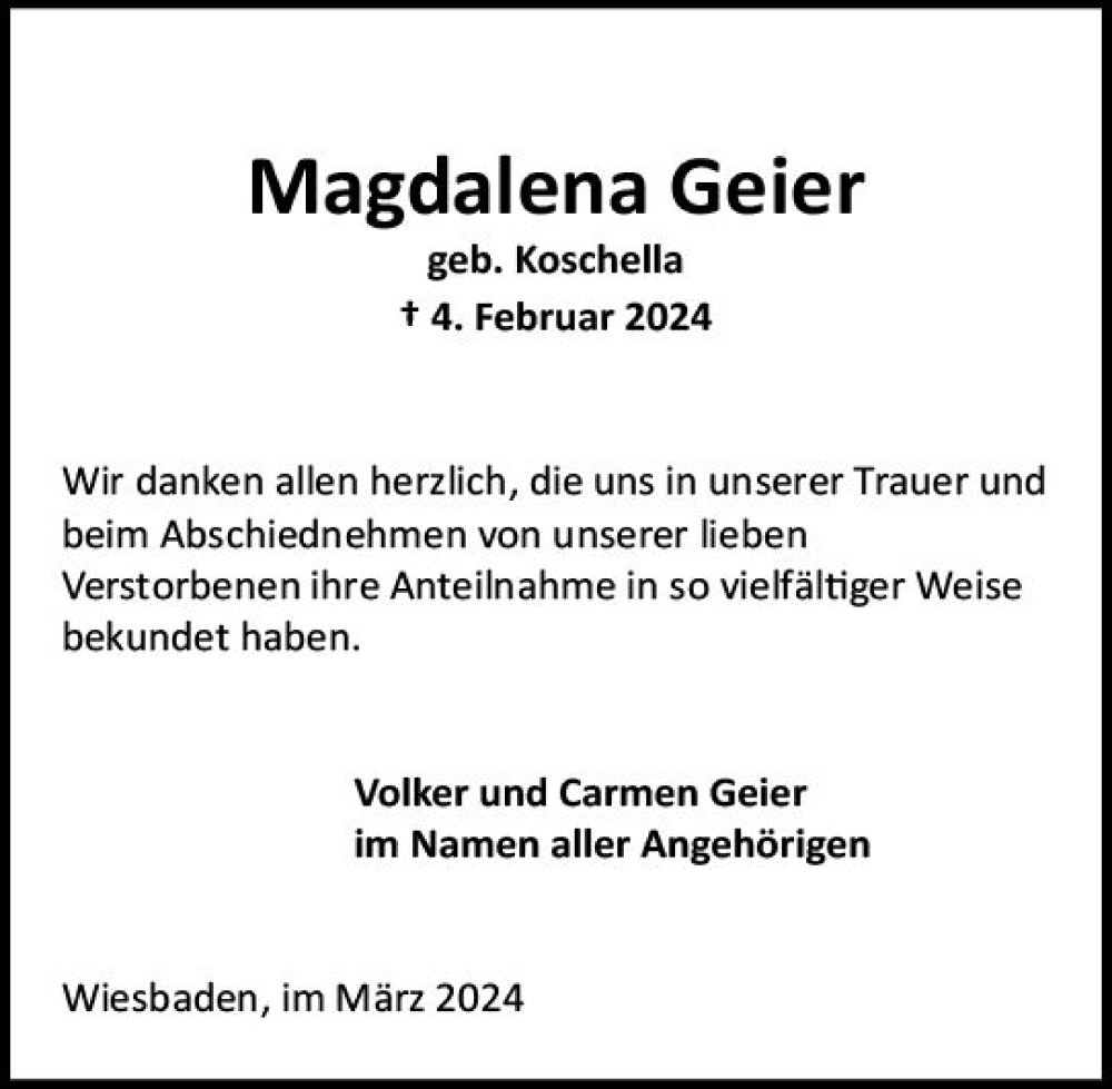  Traueranzeige für Magdalena Geier vom 23.03.2024 aus Wiesbadener Kurier