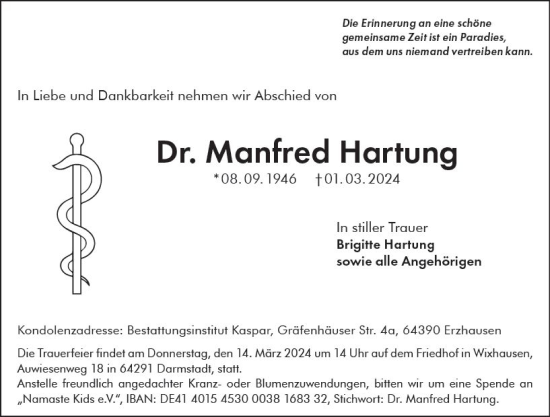Traueranzeige von Manfred Hartung von Darmstädter Echo