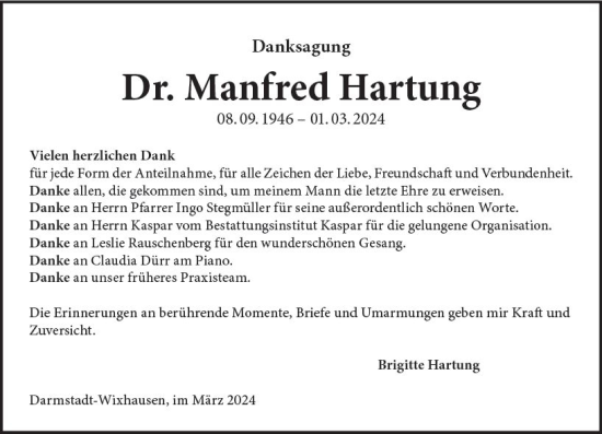 Traueranzeige von Manfred Hartung von Darmstädter Echo