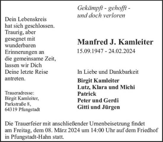 Traueranzeige von Manfred Kamleiter von Darmstädter Echo