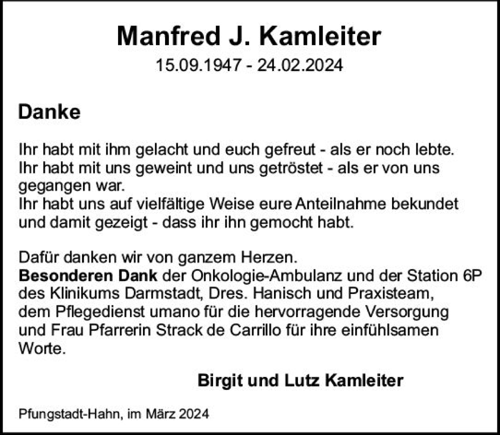  Traueranzeige für Manfred Kamleiter vom 23.03.2024 aus Darmstädter Echo