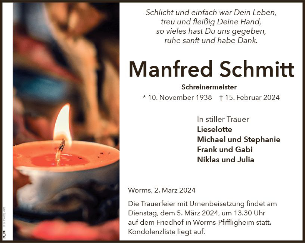  Traueranzeige für Manfred Schmitt vom 02.03.2024 aus Wormser Zeitung