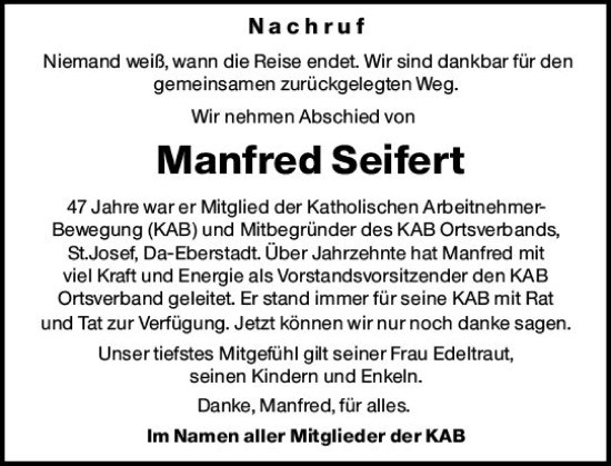 Traueranzeige von Manfred Seifert von Darmstädter Echo