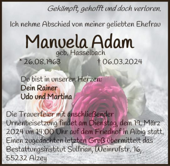 Traueranzeige von Manuela Adam von Allgemeine Zeitung Alzey