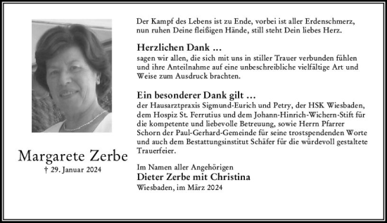 Traueranzeige von Margarete Zerbe von Wiesbadener Kurier