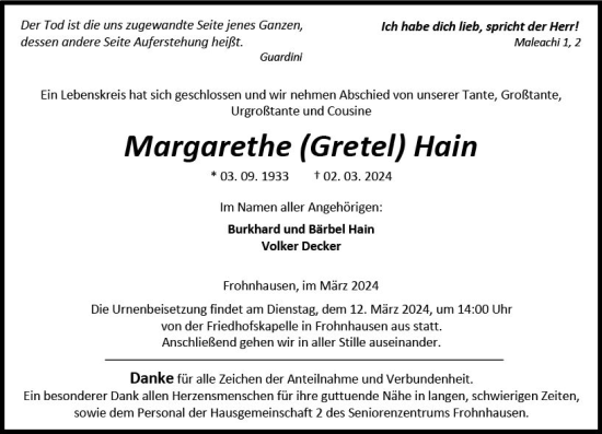 Traueranzeige von Margarethe Hain von Dill Block